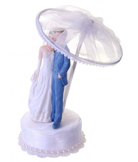 Figurine pour gâteau "couple de mariés sous parapluie" en blanc et bleu ciel