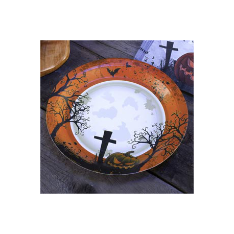 8x assiette Halloween noir et orange cimetière