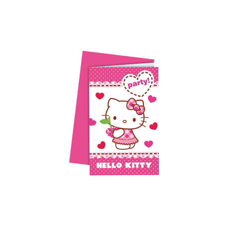 6 x Carte d'invitation Hello Kitty blanc, rose et rouge